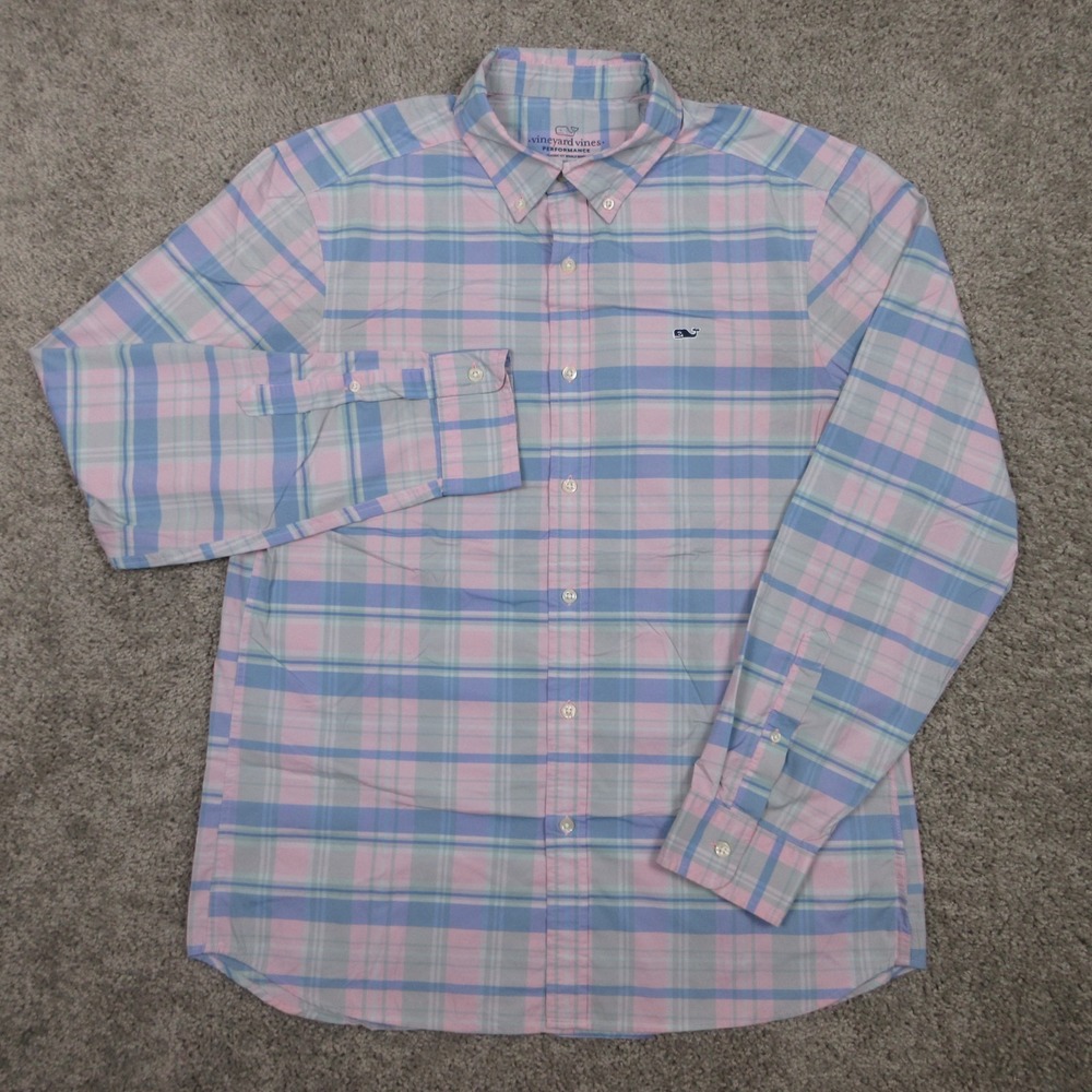 Vineyard Vines Shirt Mens Medium Pink Plaid Classic Fit Performance Button‎ Up